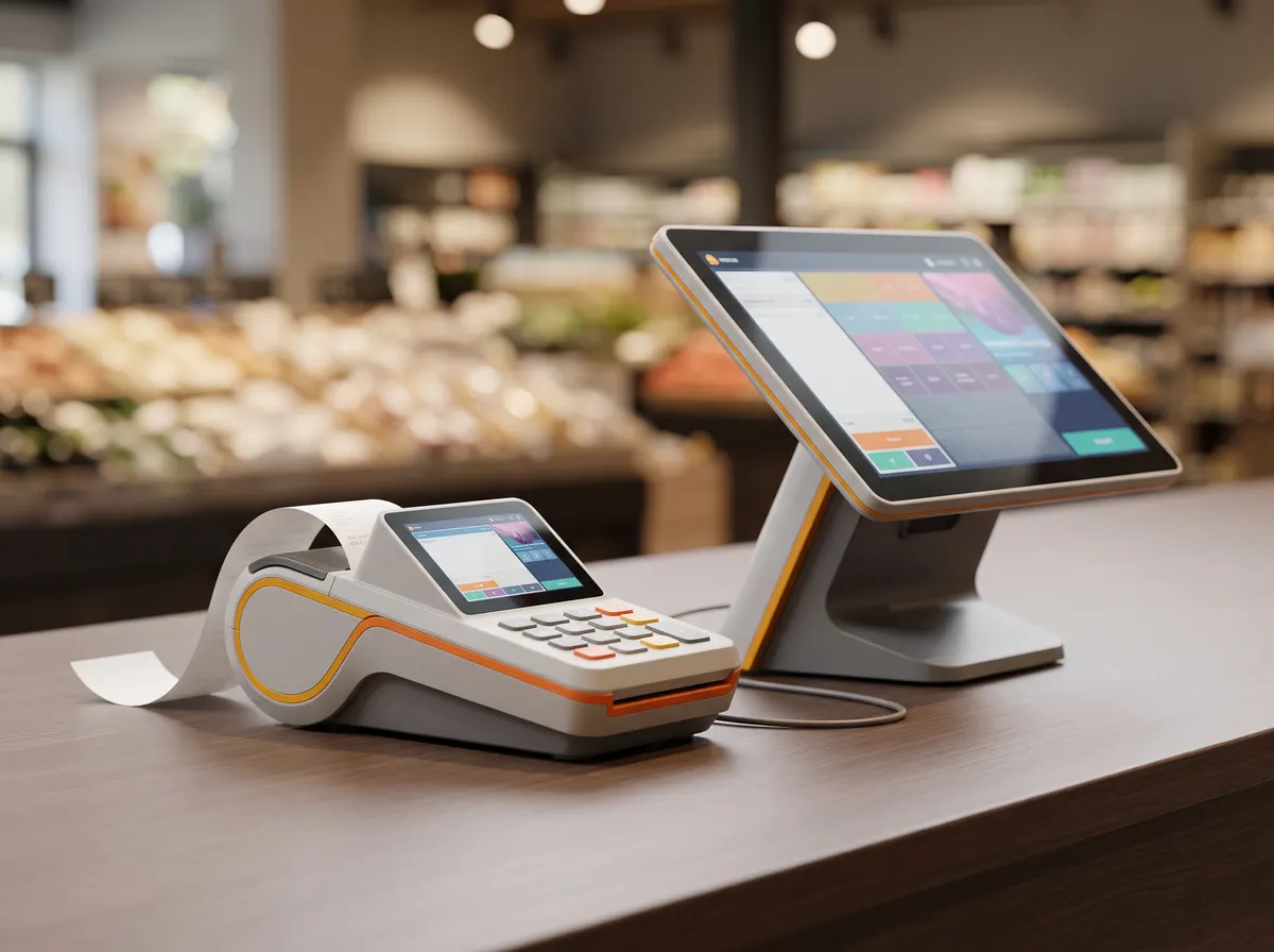 Market tezgâhında yeni nesil yazarkasa ve yanında kasa programı açık dokunmatik ekran