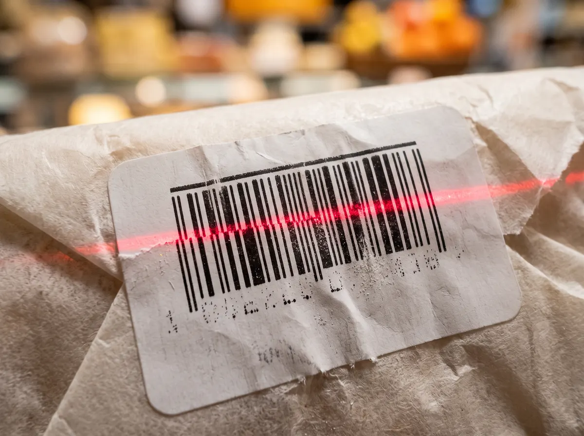 Market tezgâhında terazi etiketi yapıştırılmış peynir paketi ve barkod okuyucu