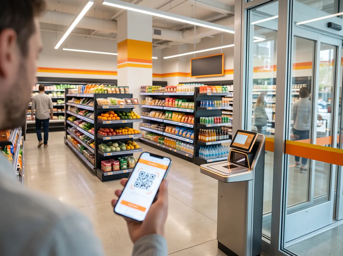 Mahalle marketinde temassız ödeme yapılan kasa ve arkada düzenli raflar