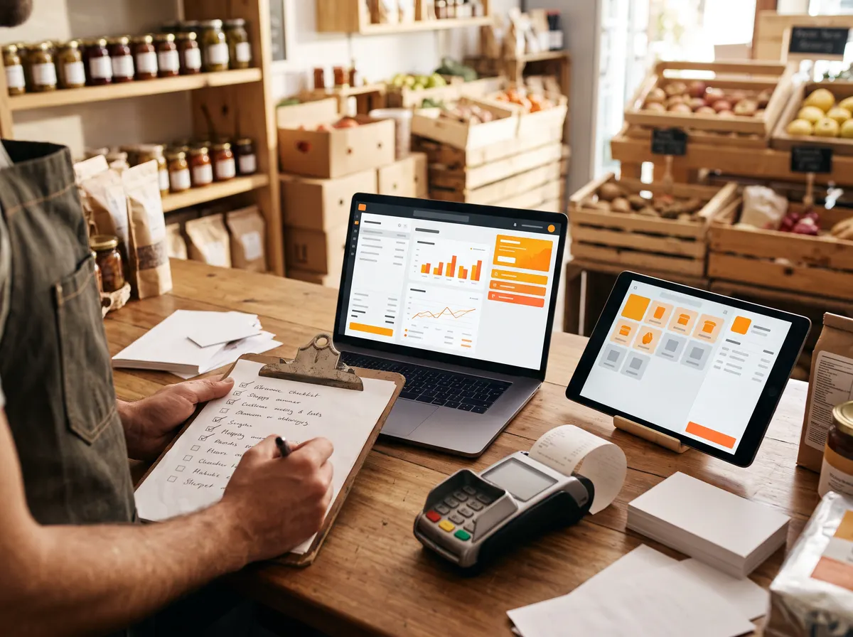 Market kasasında barkod okuyucu ve ekranında satış programı açık bir dokunmatik kasa