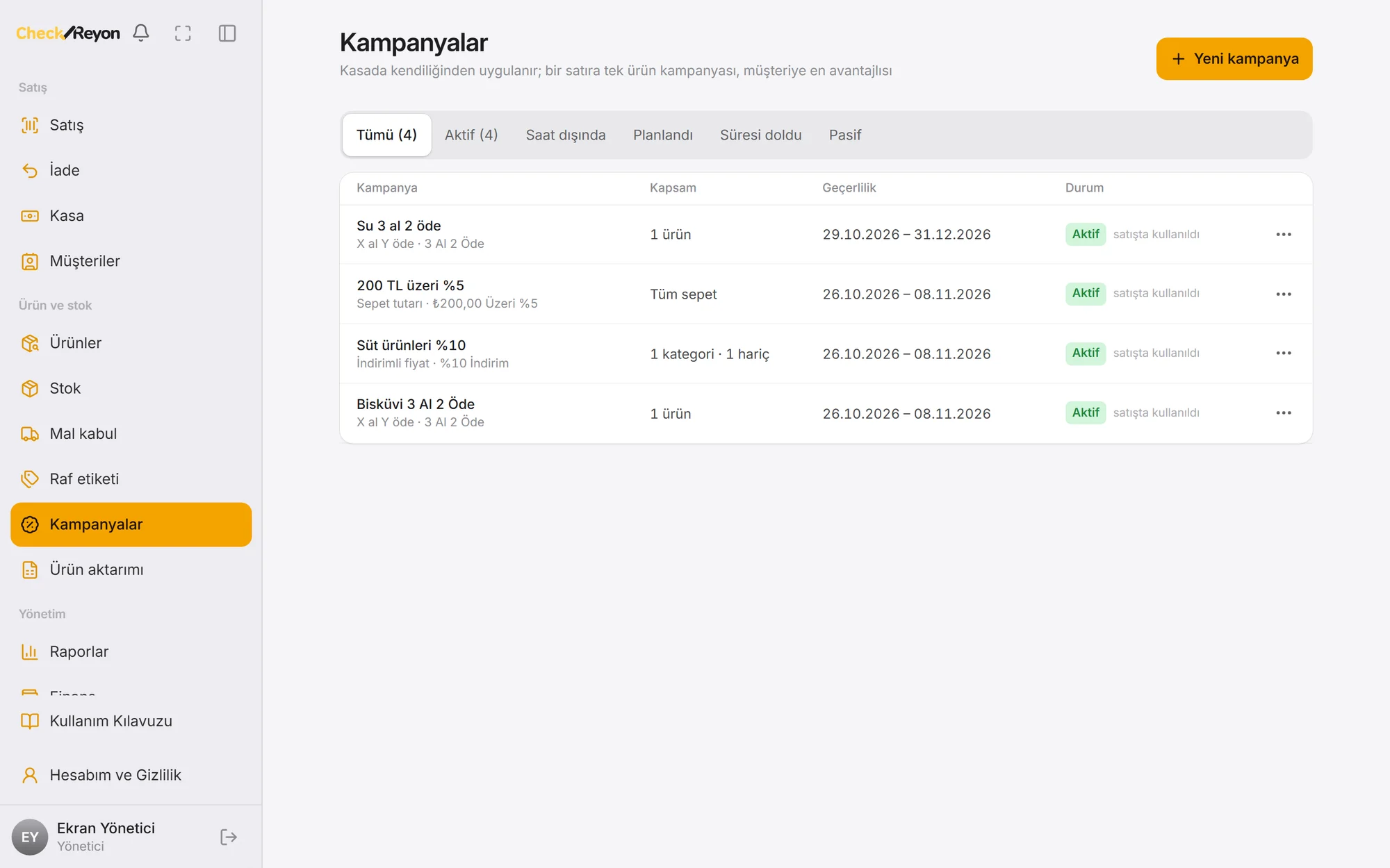Kampanyalar listesi: 3 al 2 öde, sepet tutarı ve yüzde indirim kampanyaları, kapsam, geçerlilik tarihleri ve durum