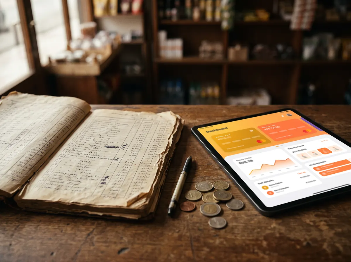 Tezgâhta eski kâğıt veresiye defteri ve yanında bakiye kartı gösteren tablet