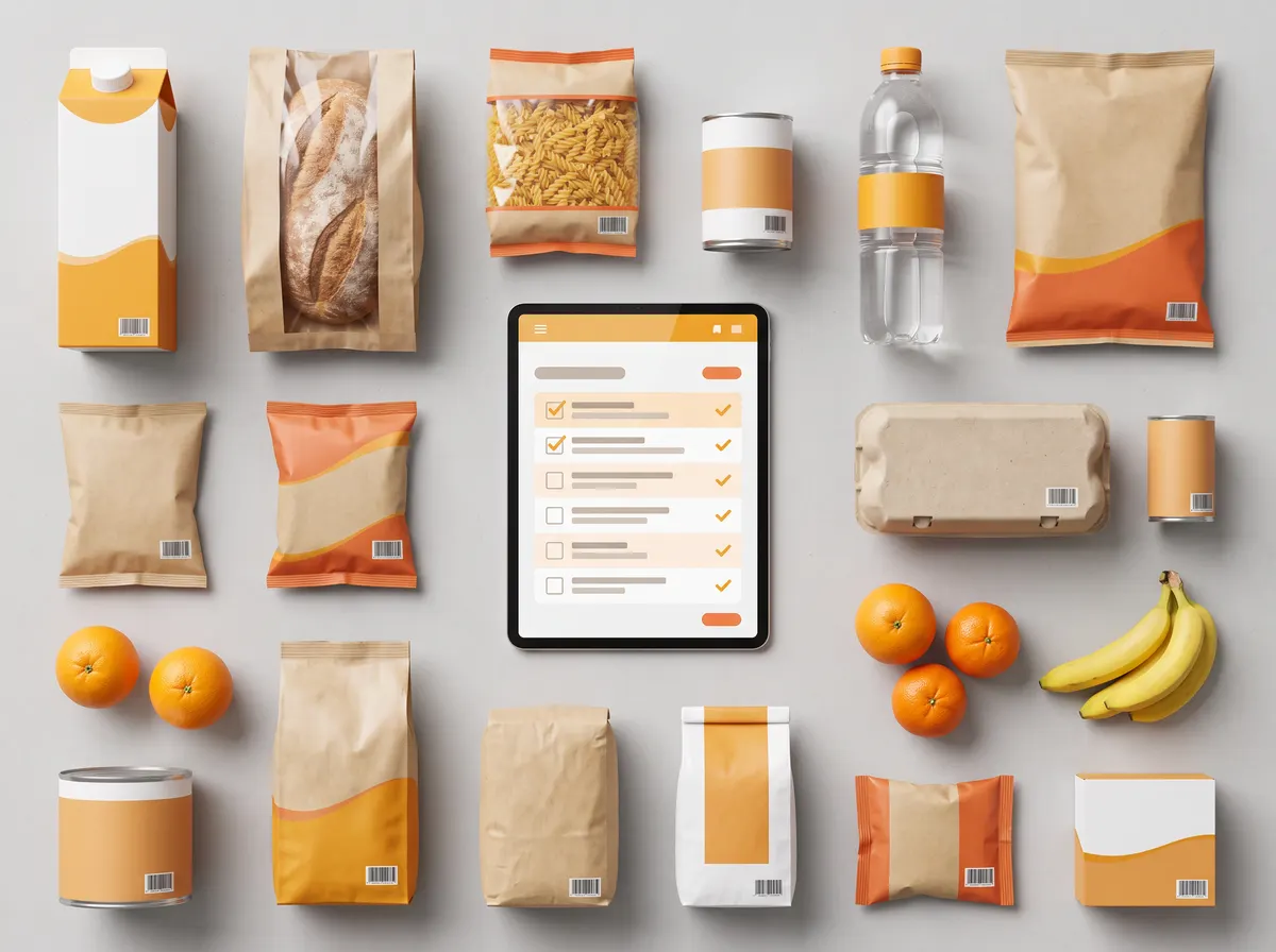 Gri zeminde düzenle dizilmiş markasız market ürünleri ve ortada işaretli ürün listesi gösteren tablet