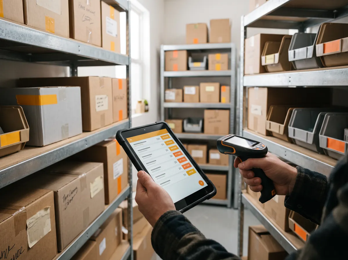 Depo rafları önünde tablette sayım listesi ve el tipi barkod okuyucu tutan eller